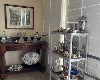 Antique Empire Side Board, Crystal, wine coasters......etc