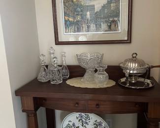 Collection of crystal decanters, etc....silverplate casserole dish & tray...Antique sideboard...."Lithograph of French Scene by Pincard"