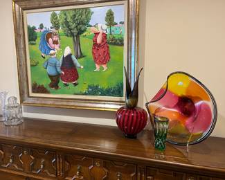 Jacobean Style walnut sideboard (100" w x 19"d) Elena Narkevich original oil "Golf III" (1999)
Brilliant American Cut Crystal
Art Glass (pink /Nicholson) Czech (green) Studio