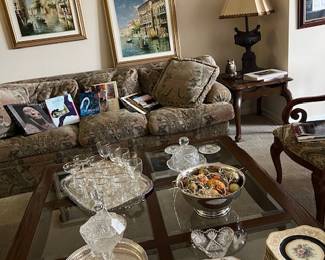 Pair of Carlo Rosselli paintings...Bau Coach (American manufactured, Down) Large cocktail table, books, crystal, china....