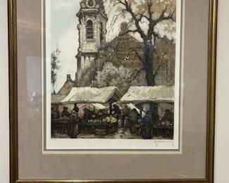 Lithograph "Small Market" by Roger Hebbelback (Belgium)