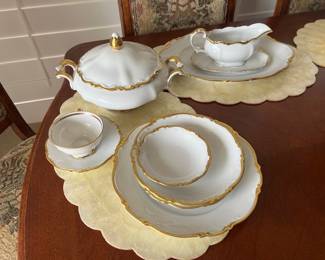Golden Trim German Bavarian/Mittertrich (6 dinner plates, 9 luncheon, six salad, 3 soup bowls, 6 saucers/5 cups, 5 nappies, large platter & covered tureen