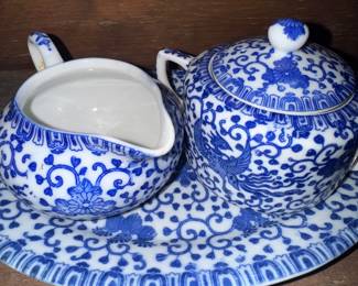 Vintage Japan Blue/White Phoenix Pattern Sugar and Cream