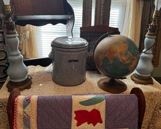 Vintage Quilt
Gorgeous Blue Porcelain Lamp (pair)
Vintage Globe
Grey Spatterware Enamelware
