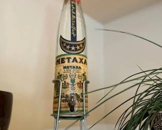 Large METAXA Bottle w/Spout on Metal Stand