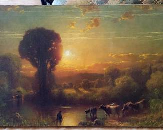 Beautiful oil painting by noted , listed American artist James Fairman (1836-1904). "Sunset with Cattle"