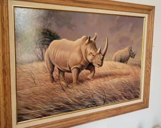 "Rhinos on the Savannah" by noted wildlife artist Mark Perry. Original acrylic painting