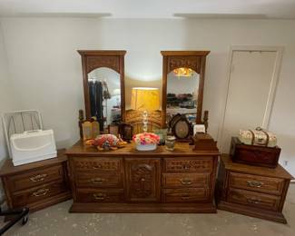 Complete king size 5 pc bedroom set: Bed with rails, long dresser with 2 mirrors. 2 nightstands, and a tall gentleman chest cabinet.