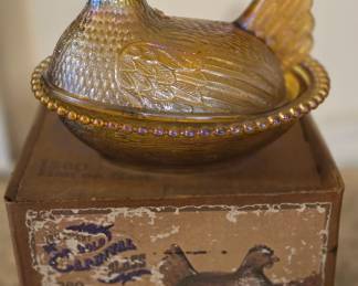 Indiana Glass hen on a nest in box