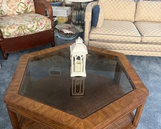 Hexagon shaped glass top table, measures 39 inches in diameter, 17 inches tall
