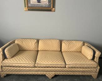 Vintage low profile sofa measures 7’ x 33“ x 16“ to seat cushion