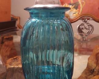 Blue ribbed apothecary container