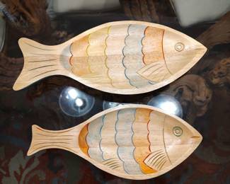 Pair of clay art hand painted wooden fish