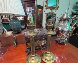 Pair brass column lamps
