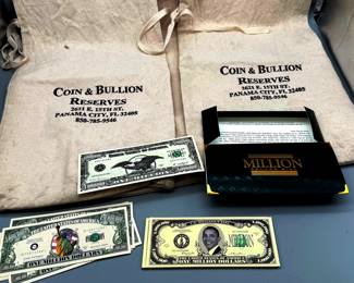 Coin and Bullion Cloth Bags and Million Dollar Bills
