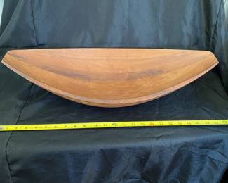 R19 - $150. Staved Teak Canoe Bowl by Jens Quistgaard IHQ Denmark. (Danmark JHQ.) Measures 24" long x 11.25" wide x 4.75" tall. Very good condition!