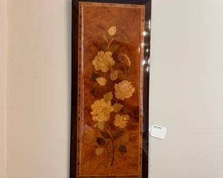 R133 - $25. Inlaid Wood Plaque. Measures 8.5" wide x 19.5" tall.