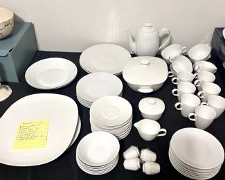 R56 - $375. Rosenthal White China. 11 - 10" dinner plates. 2 - 9" Bowls. 7 - 7.5" lunch plates. 8 - 6" dessert plates. 7 - 5" Berry Bowls. 1 - 13" oval Platter. 1 12" round serving platter. 1 Coffee Pot 8" tall.