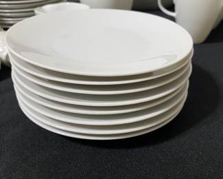 R56 - $375. Rosenthal White China. 11 - 10" dinner plates. 2 - 9" Bowls. 7 - 7.5" lunch plates. 8 - 6" dessert plates. 7 - 5" Berry Bowls. 1 - 13" oval Platter. 1 12" round serving platter. 1 Coffee Pot 8" tall.