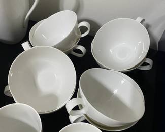 R56 - $375. Rosenthal White China. 11 - 10" dinner plates. 2 - 9" Bowls. 7 - 7.5" lunch plates. 8 - 6" dessert plates. 7 - 5" Berry Bowls. 1 - 13" oval Platter. 1 12" round serving platter. 1 Coffee Pot 8" tall.