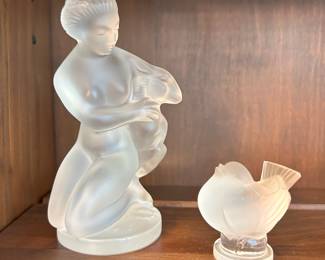 R139 - $40. Lalique France "Diana the Huntress" with fawn. PENDING $15. Lalique Sparrow.
