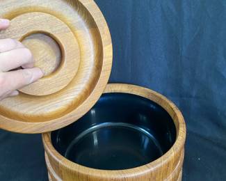 R24 - $40. Dansk Lidded Bowl (plastic lined) Measures 9.5" wide x 5.25" tall.