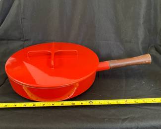 R8 - $80. Dansk Red Skillet WITH Lid! Measures 11.5". Handle is tight. Excellent condition!