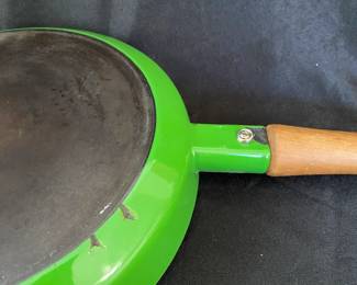 R6 - $40. Dansk 10" Skillet. Has a few chips in enamel on the bottom. Handle is tight.