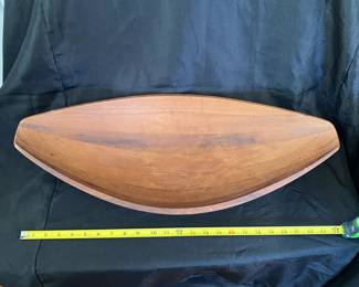 R19 - $150. Staved Teak Canoe Bowl by Jens Quistgaard IHQ Denmark. (Danmark JHQ.) Measures 24" long x 11.25" wide x 4.75" tall. Very good condition!