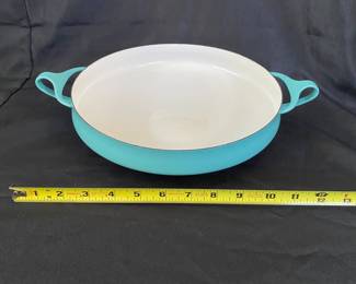 R3 - $30. Dansk Paella in Teal. Measures 13.5" with handles. One tiny chip in enamel on handle.