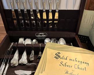 J13 - $1850. Northumbria Sterling Flatware. Service for 8 PLUS Serving Pieces. In beauiful Mahogany Case.