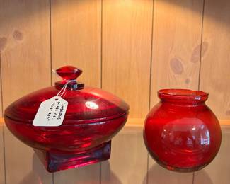 R157 - $20. Cambridge Glass Company Ruby Red Covered Dish. $5 Red Vase.