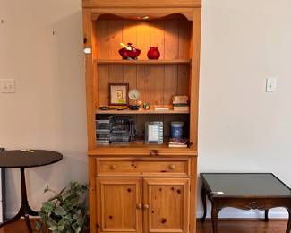 R154 - $95. Lighted Pine Cabinet. Measures 32" wide x 16.5" deep x 77" tall.