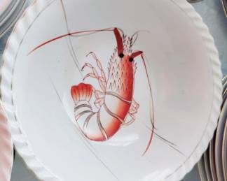 Set of Vintage Japanese PRAWN dishes, gold rim - purchased during WW II