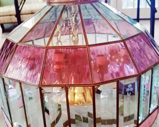 Tiffany Style. Mid Century, Lavender & Clear Etched Stained glass handing lamp - 18" dia., 15" tall
