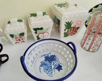 Vintage 1960's Kitchen - ceramic canister set, floral glass pitcher