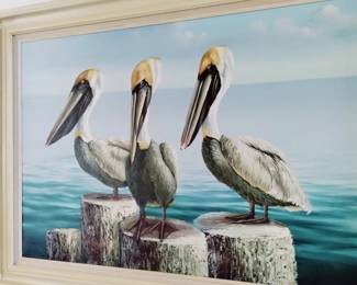 Vintage Oil on Canvas 3 Pelicans, B. Grant