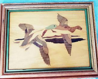 1948 Eames Era, Hand crafted Flying Ducks - wood inlay Marquetry Wall art ( pattern that was used is on back) RARE - Likely by artist Jeff Nelson, Hudson River Inlay Artist