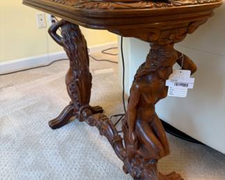 Stone Top Carved Wood Side Table