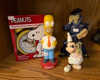 Charlie Brown Alarm Clock, Homer Simpson Figurine, Mickey Mouse Birthday Figurine