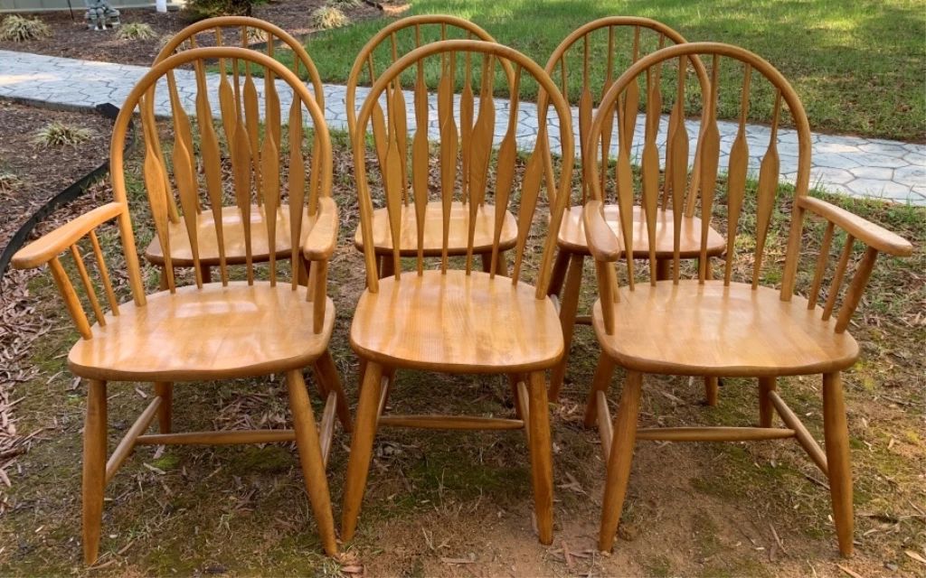 1 - 6 Spindle Back Dining Chairs 2 with arms 38" x 22" x 20"