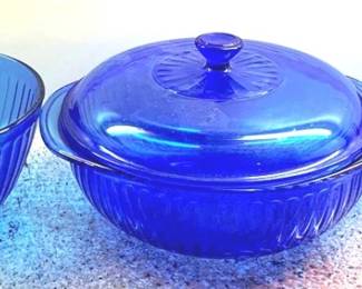 308 - 3 Blue Pyrex Dishes - 1 with Lid