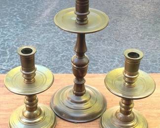 319 - 3 Brass Candle Holders - 12" & 8" Tall