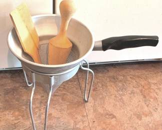 307 - Vintage Aluminum Cone Strainer w/ Pestle & Spatula