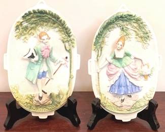 375 - Occupied Japan Victorian Couple Bisque Wall Plaque qty 2 w/ stands 8 x 5