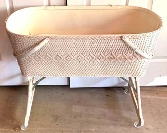 45 - Vintage White Wicker Baby Bassinet on Wheels w/ folding legs 36 x 29 x 19