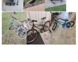 2 bike trainers, car trunk bike carrier, kids bike, 2 adult bikes
