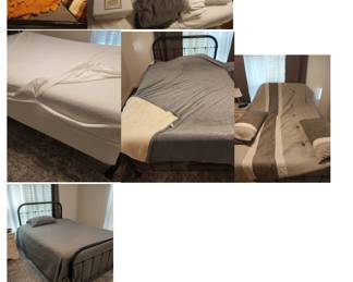 queen 2 gray bedspreads, 2 Q new sheets sets, 2 Q gray sheets sets, 2 white Q blankets,2 Q MATTRESS protectors; 2 Queen memory foam mattresses with box springs and covers king gray comforter with 2 pillows, king blue/cream super soft blanket