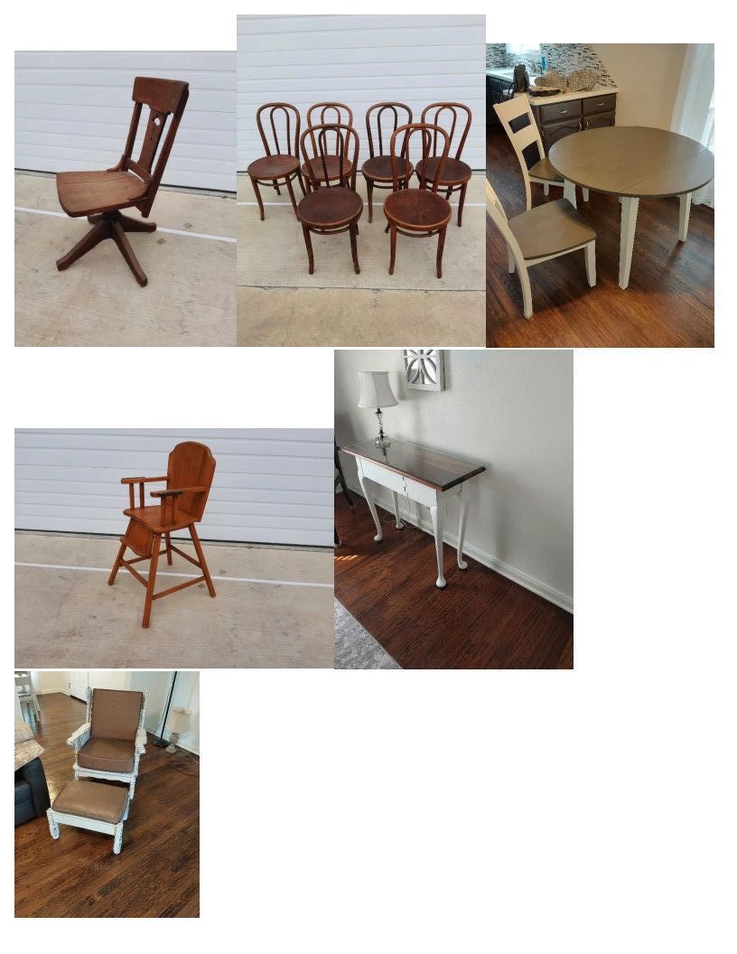 antique chairs,NEW 48" round with drop leaf with 2 chairs, desk with glass, shabby chic chair with ottoman antique wood high chair no tray