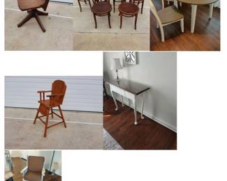 antique chairs,NEW 48" round with drop leaf with 2 chairs, desk with glass, shabby chic chair with ottoman antique wood high chair no tray
